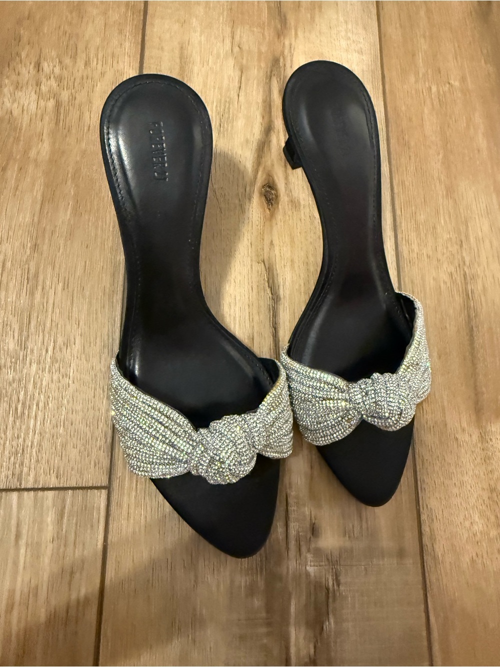 Forever 21 Black Slip-On Heels with Crystal Knot Strap
